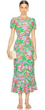 RHODE Lulani Dress White Fleur Tropicale Ruffle Hem Midi Green Floral Dress 4